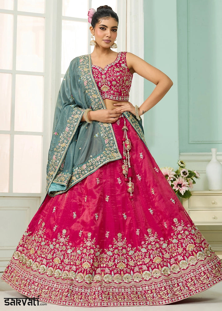 Cerise Pink Silk Lehenga Choli with Handcrafted Floral & Sequin Work