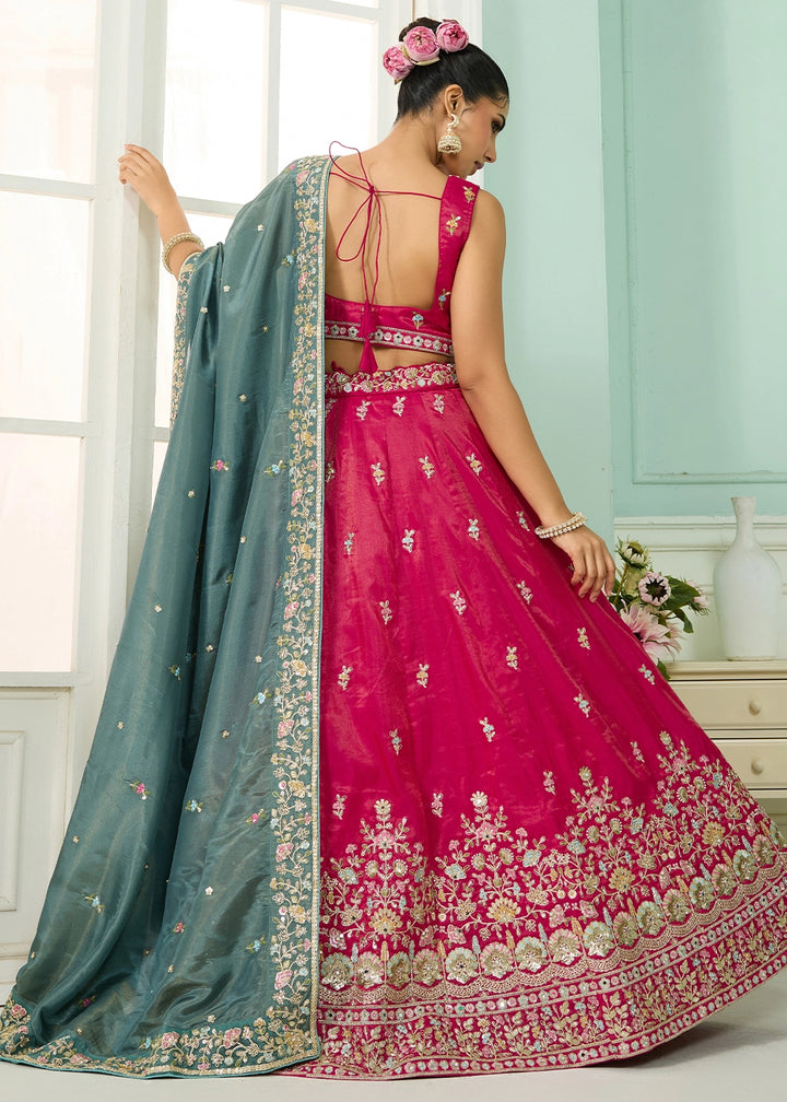 Cerise Pink Silk Lehenga Choli with Handcrafted Floral & Sequin Work