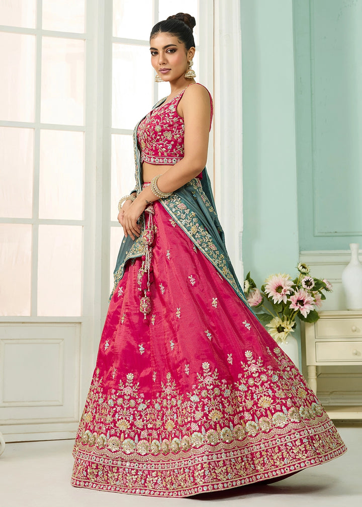 Cerise Pink Silk Lehenga Choli with Handcrafted Floral & Sequin Work