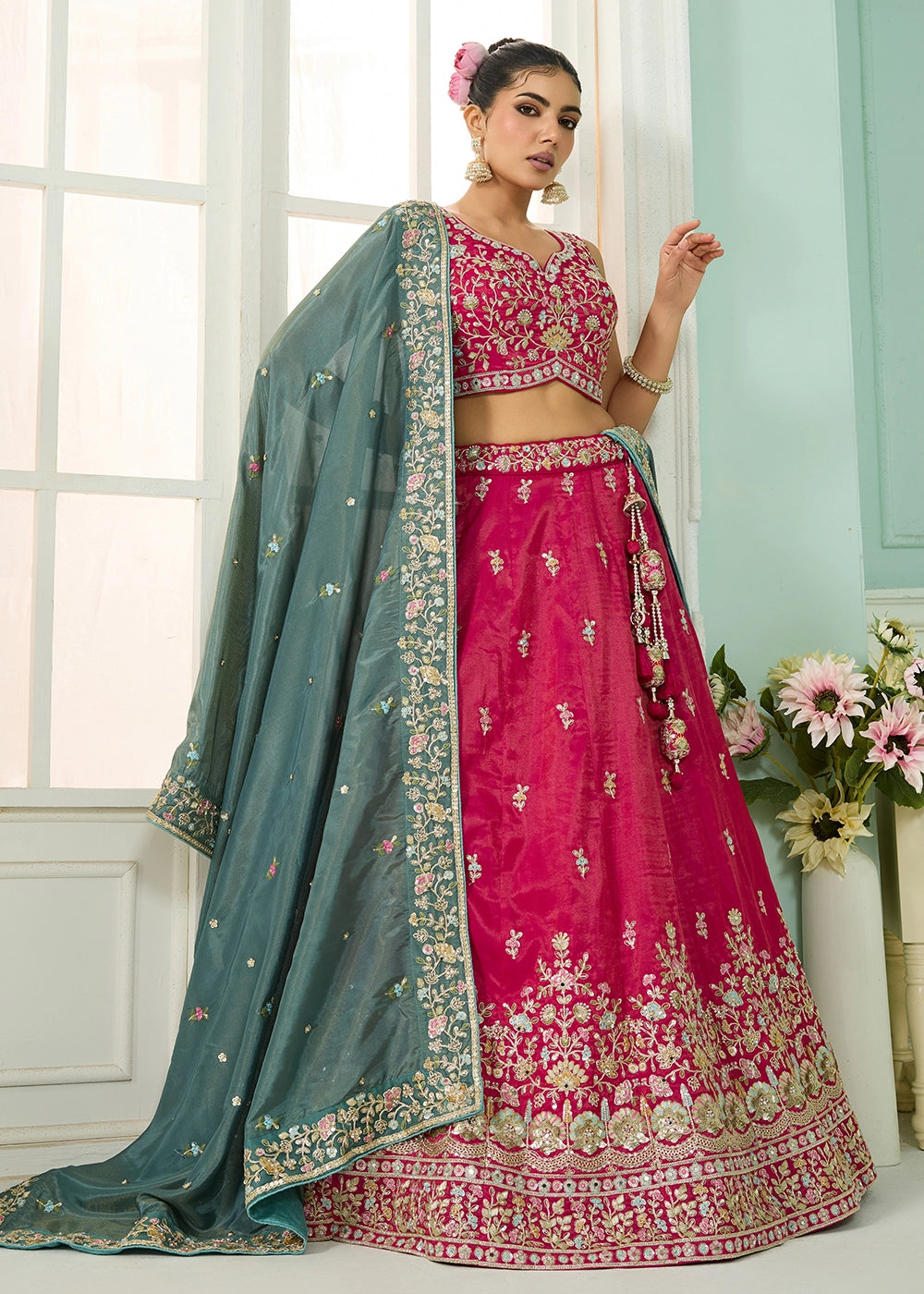 Cerise Pink Silk Lehenga Choli with Handcrafted Floral & Sequin Work