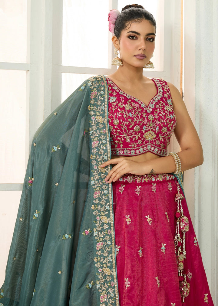 Cerise Pink Silk Lehenga Choli with Handcrafted Floral & Sequin Work