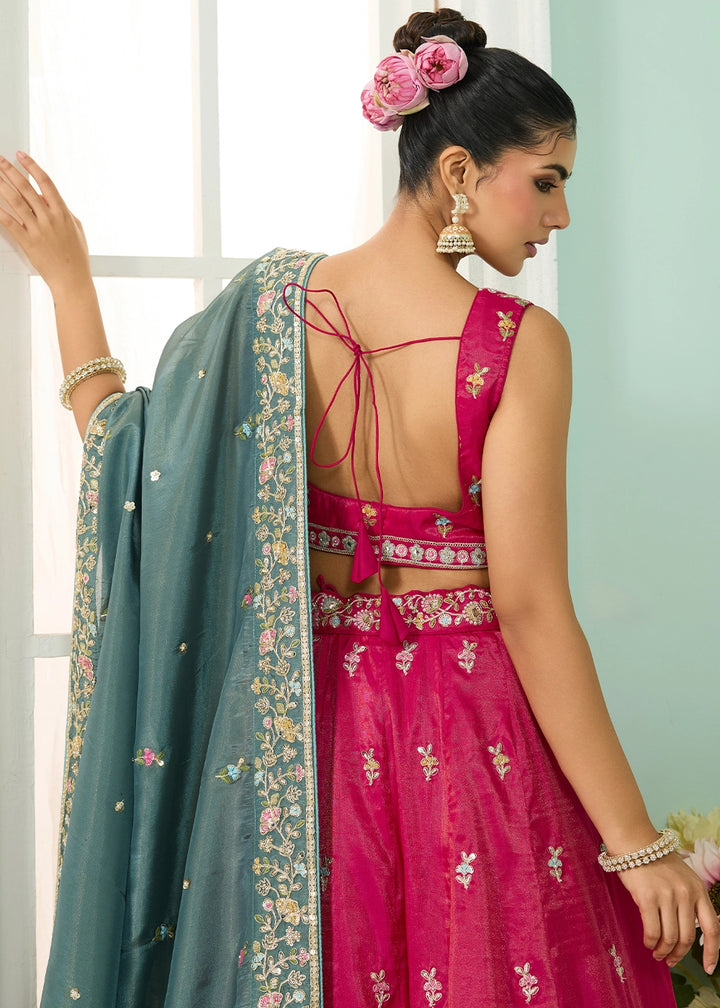 Cerise Pink Silk Lehenga Choli with Handcrafted Floral & Sequin Work