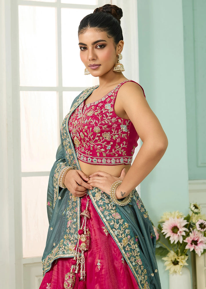 Cerise Pink Silk Lehenga Choli with Handcrafted Floral & Sequin Work