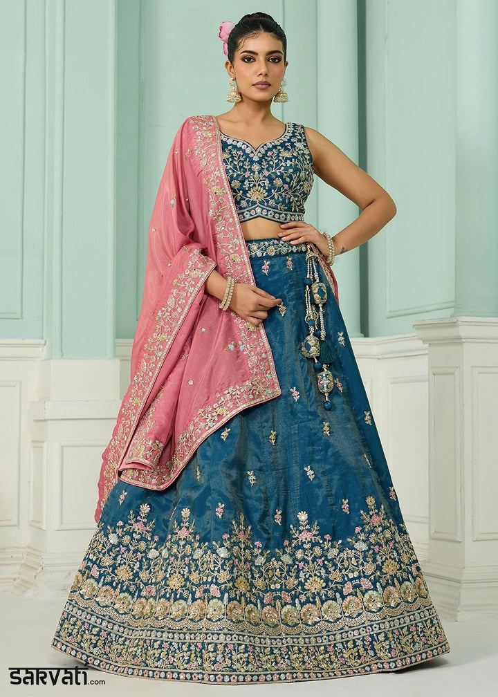 Cobalt Blue Silk Lehenga Choli with Handcrafted Floral & Sequin Work