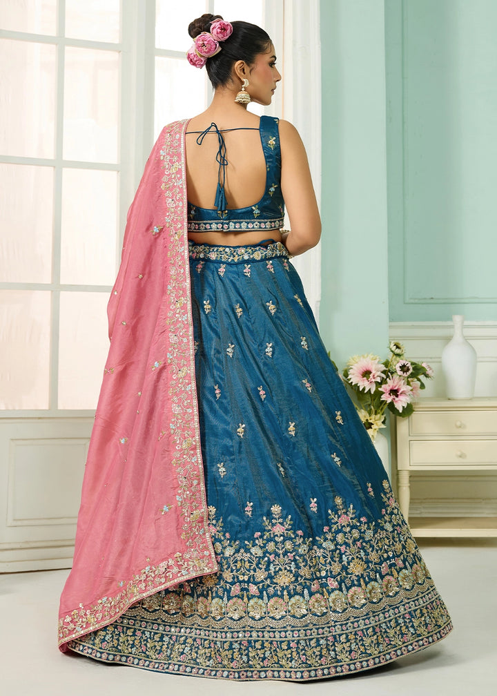 Cobalt Blue Silk Lehenga Choli with Handcrafted Floral & Sequin Work