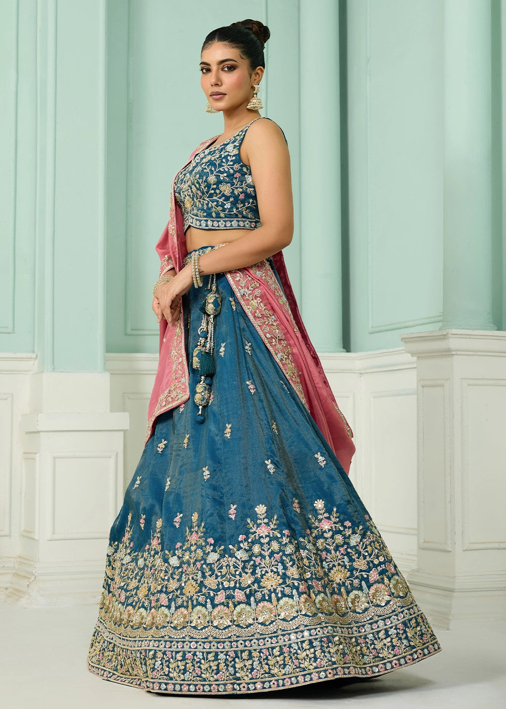 Cobalt Blue Silk Lehenga Choli with Handcrafted Floral & Sequin Work
