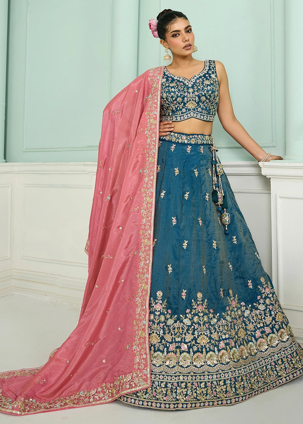 Cobalt Blue Silk Lehenga Choli with Handcrafted Floral & Sequin Work