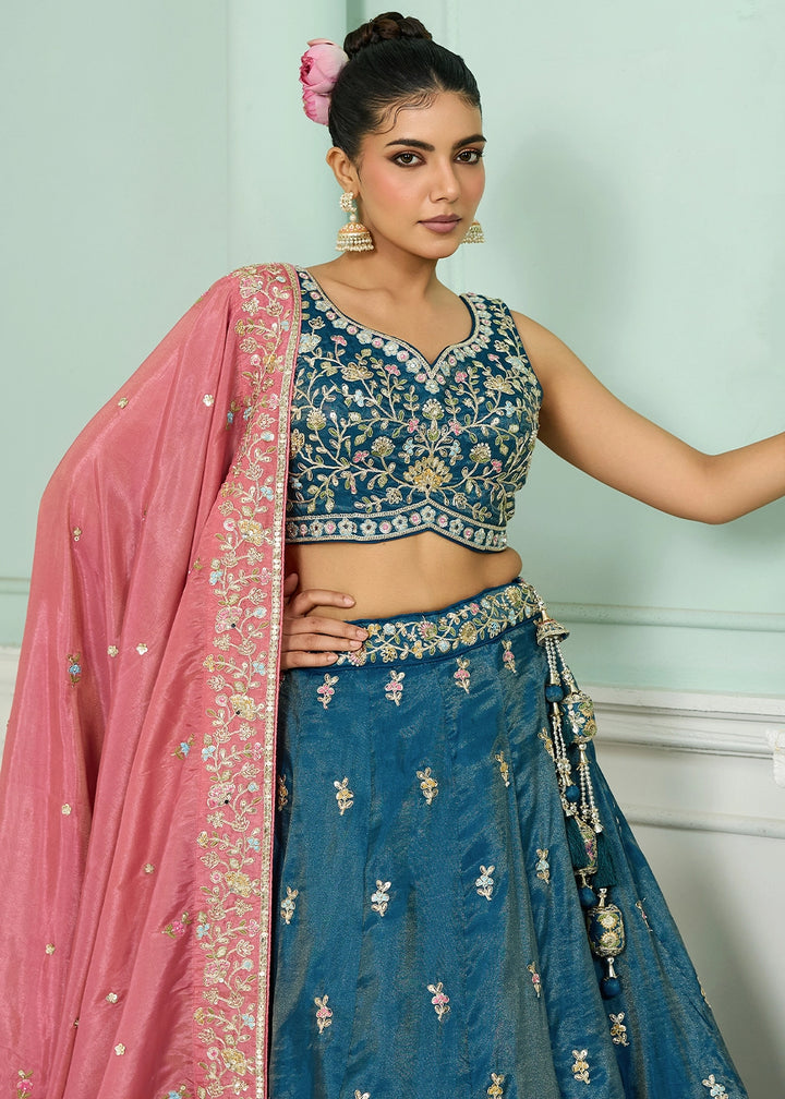 Cobalt Blue Silk Lehenga Choli with Handcrafted Floral & Sequin Work