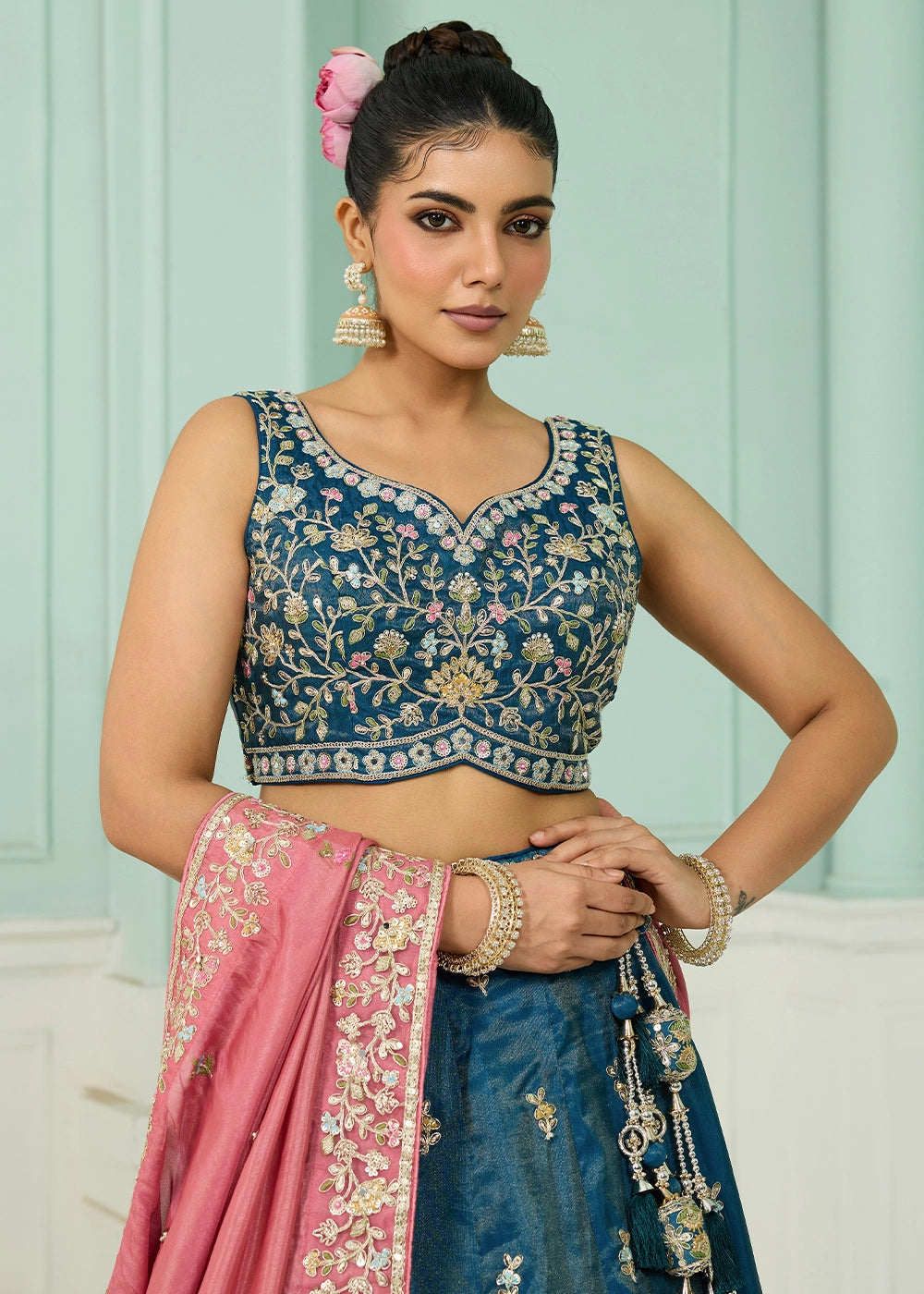 Cobalt Blue Silk Lehenga Choli with Handcrafted Floral & Sequin Work