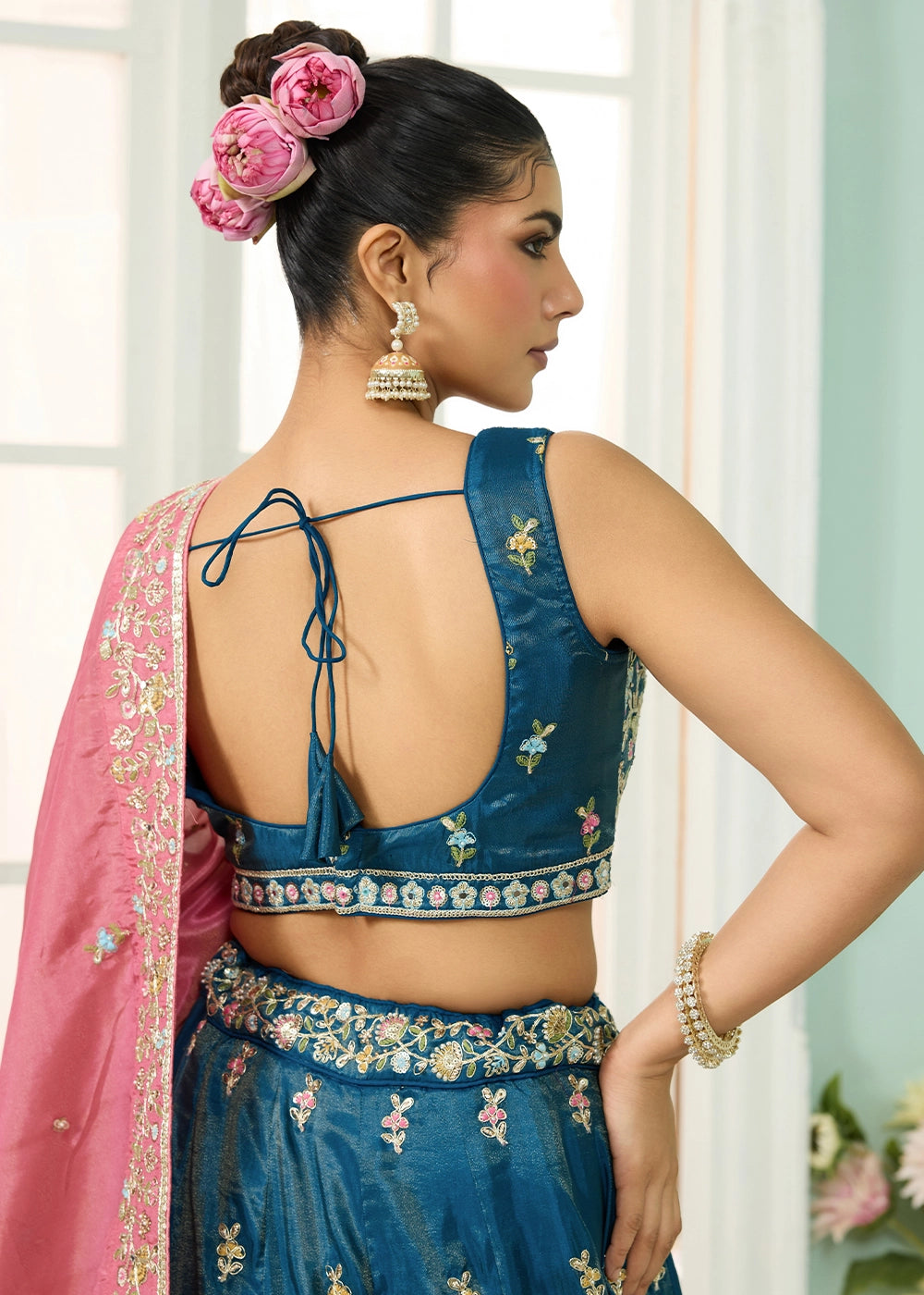 Cobalt Blue Silk Lehenga Choli with Handcrafted Floral & Sequin Work