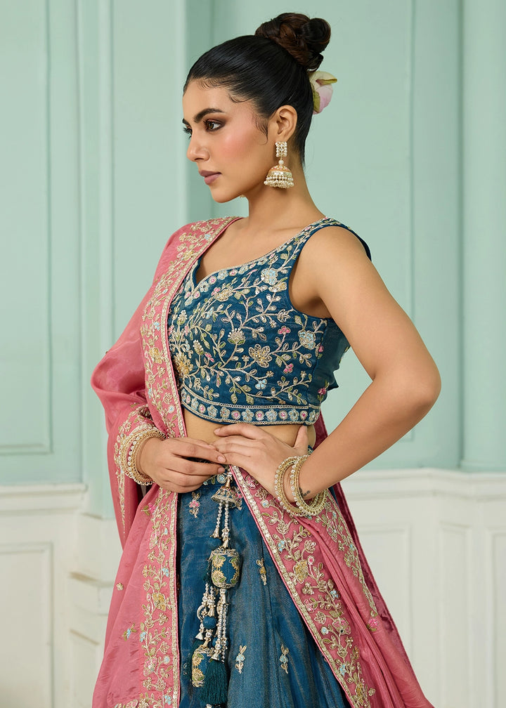 Cobalt Blue Silk Lehenga Choli with Handcrafted Floral & Sequin Work