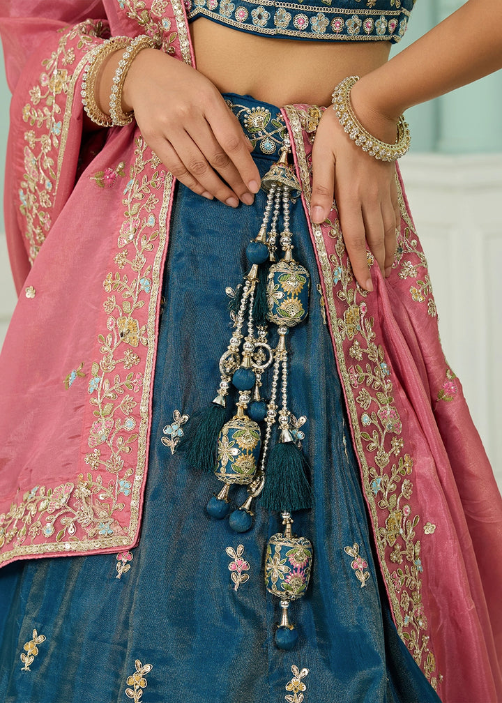 Cobalt Blue Silk Lehenga Choli with Handcrafted Floral & Sequin Work