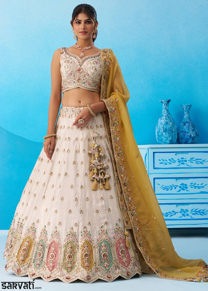 Cream White Tissue Lehenga Choli with Sequin Embroidery work with Mustard Dupatta