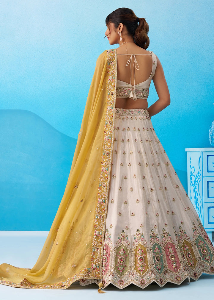 Cream White Tissue Lehenga Choli with Sequin Embroidery work with Mustard Dupatta