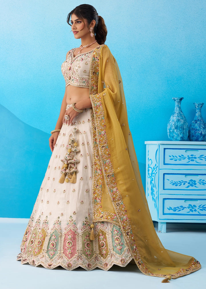 Cream White Tissue Lehenga Choli with Sequin Embroidery work with Mustard Dupatta