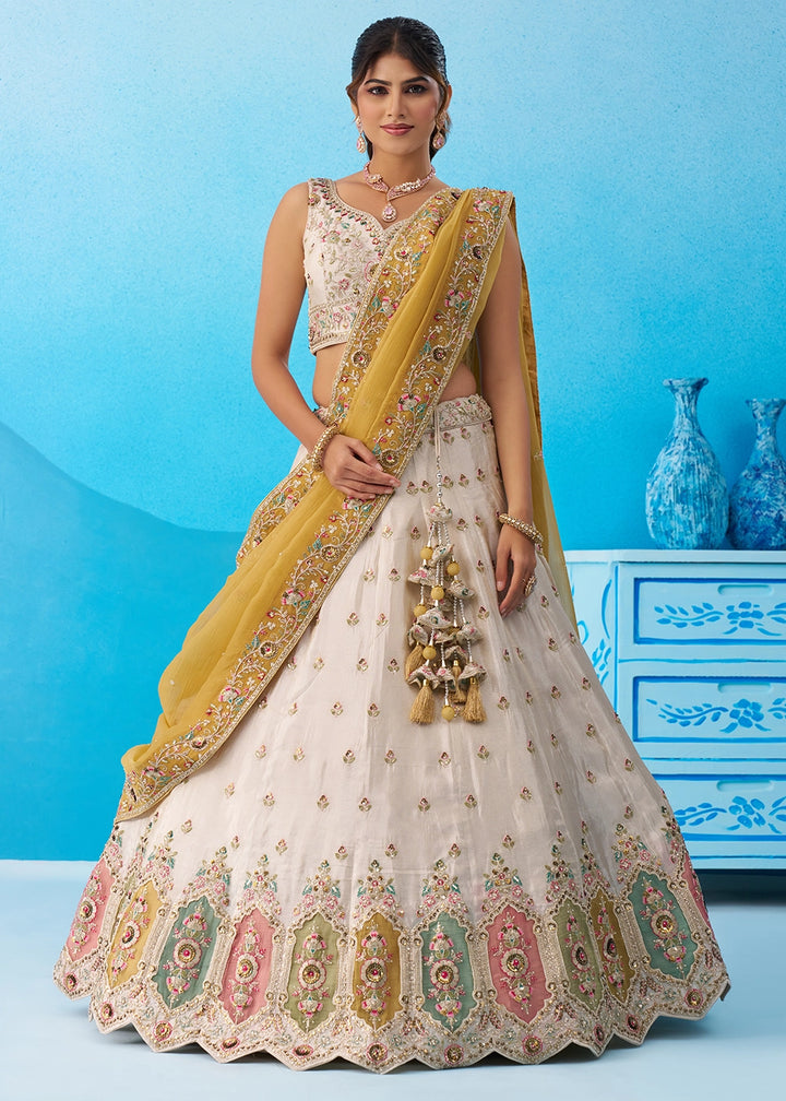 Cream White Tissue Lehenga Choli with Sequin Embroidery work with Mustard Dupatta