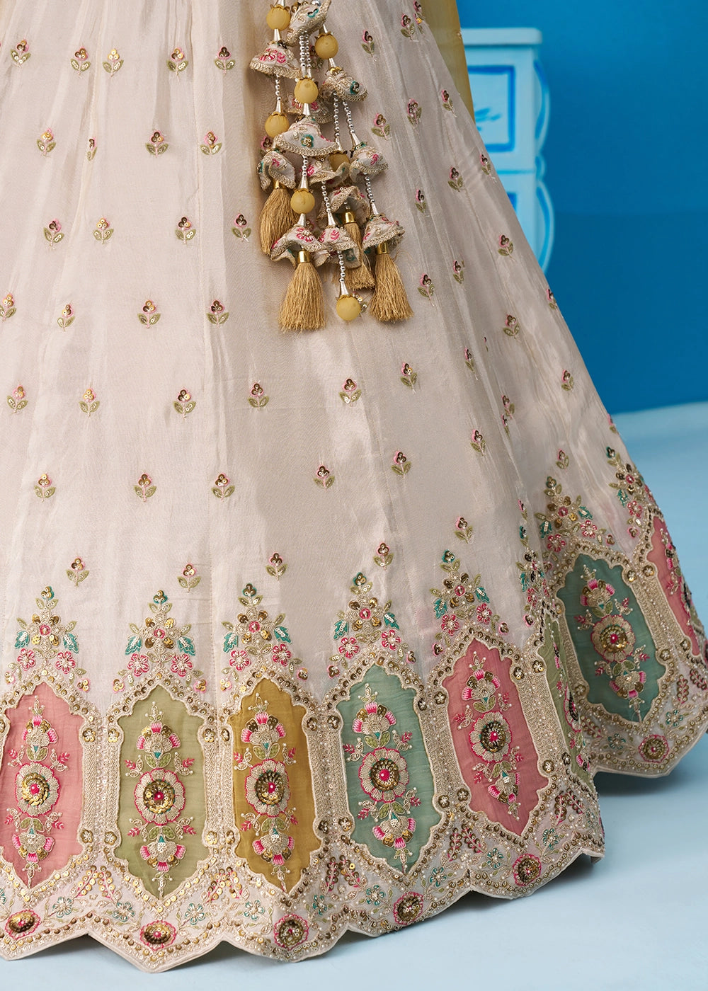Cream White Tissue Lehenga Choli with Sequin Embroidery work with Mustard Dupatta