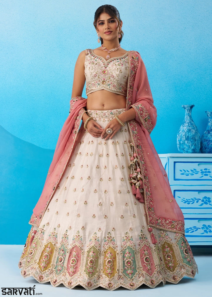 Cream White Tissue Lehenga Choli with Sequin Embroidery work with Pink Dupatta