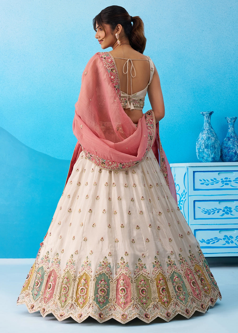 Cream White Tissue Lehenga Choli with Sequin Embroidery work with Pink Dupatta