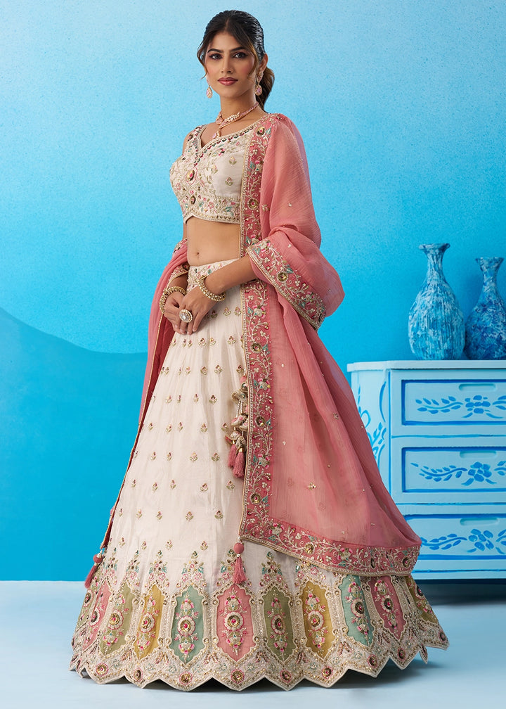 Cream White Tissue Lehenga Choli with Sequin Embroidery work with Pink Dupatta