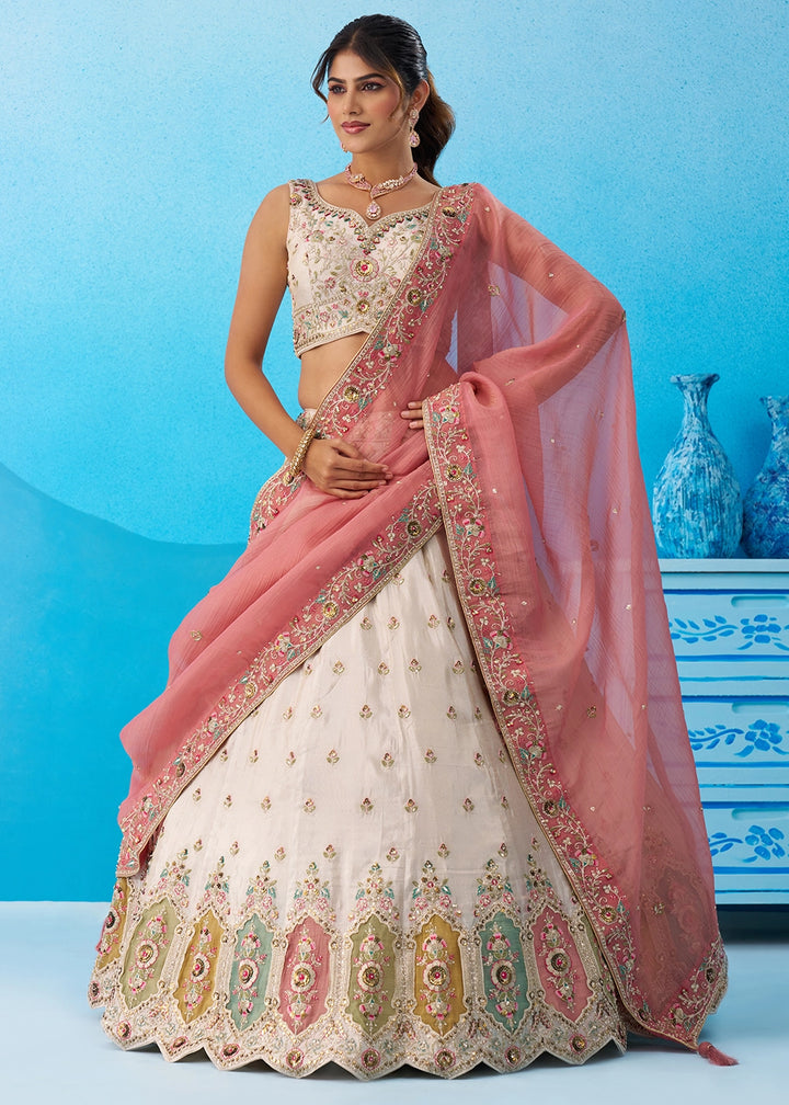 Cream White Tissue Lehenga Choli with Sequin Embroidery work with Pink Dupatta