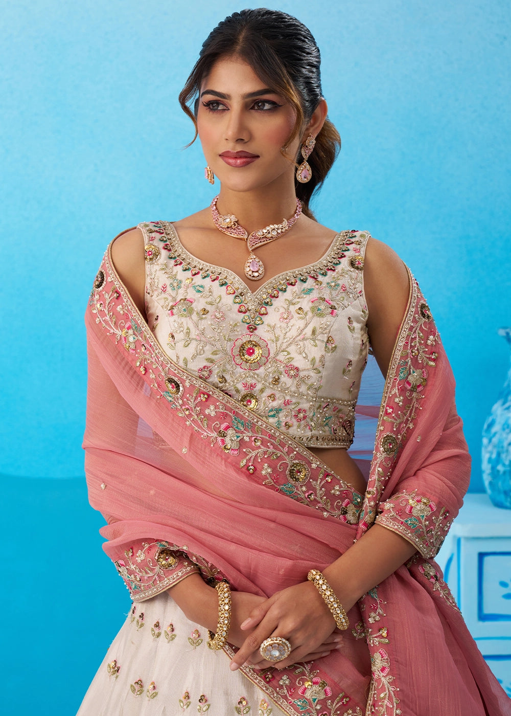 Cream White Tissue Lehenga Choli with Sequin Embroidery work with Pink Dupatta