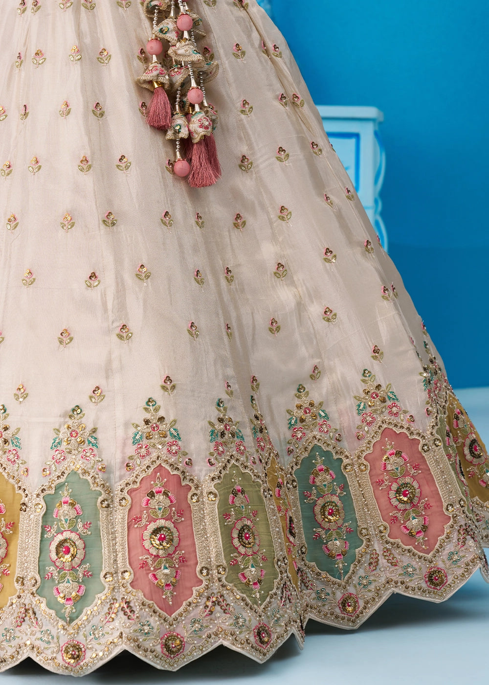 Cream White Tissue Lehenga Choli with Sequin Embroidery work with Pink Dupatta