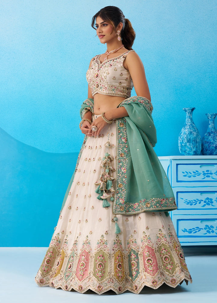 Cream White Tissue Lehenga Choli with Sequin Embroidery work with Blue Dupatta