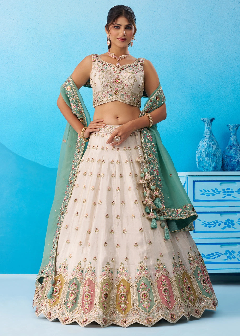 Cream White Tissue Lehenga Choli with Sequin Embroidery work with Blue Dupatta