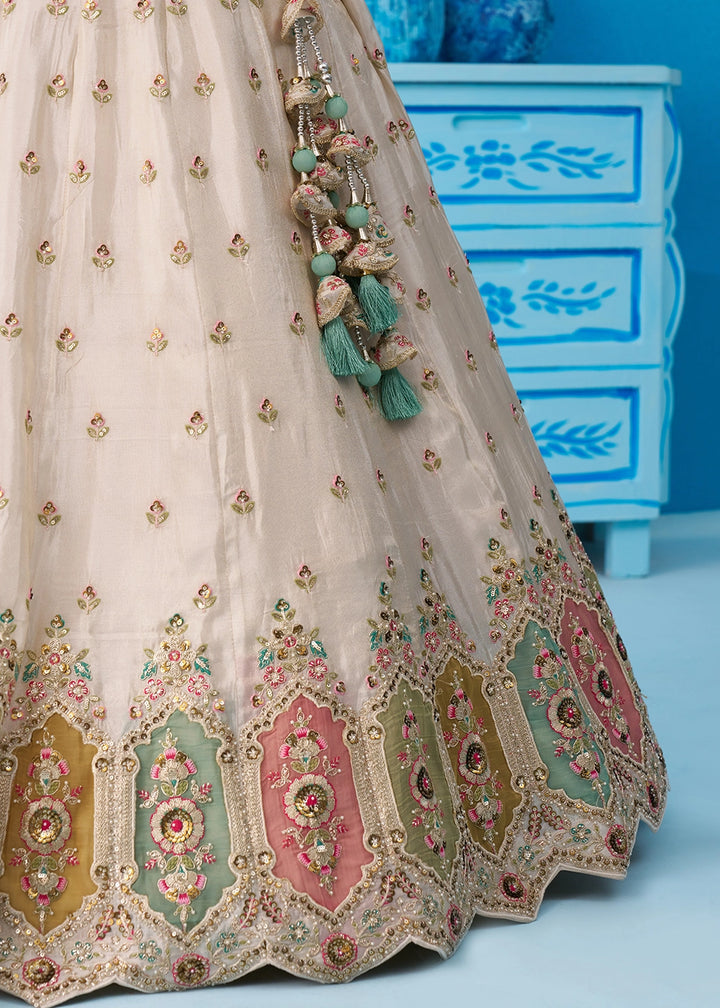 Cream White Tissue Lehenga Choli with Sequin Embroidery work with Blue Dupatta
