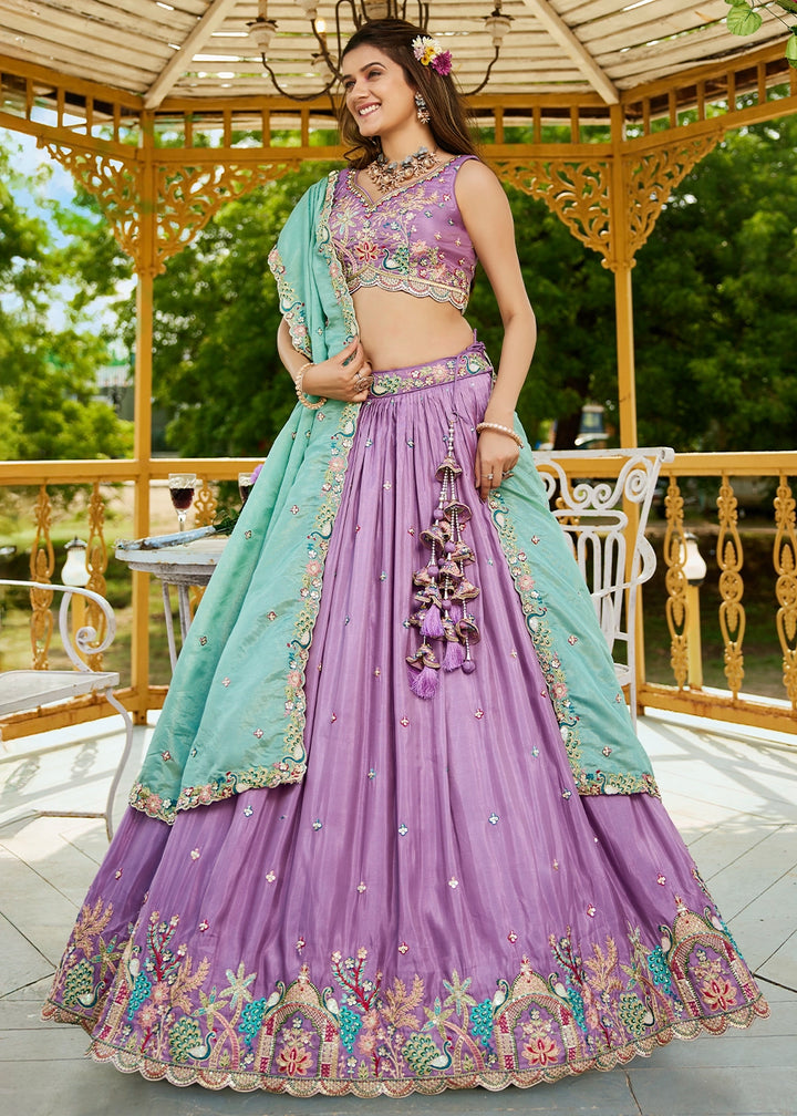Orchid Purple Satin Lehenga Choli with Elegant Floral Embroidery