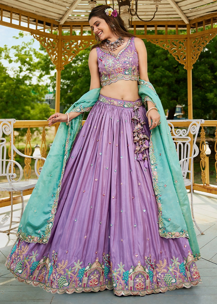 Orchid Purple Satin Lehenga Choli with Elegant Floral Embroidery