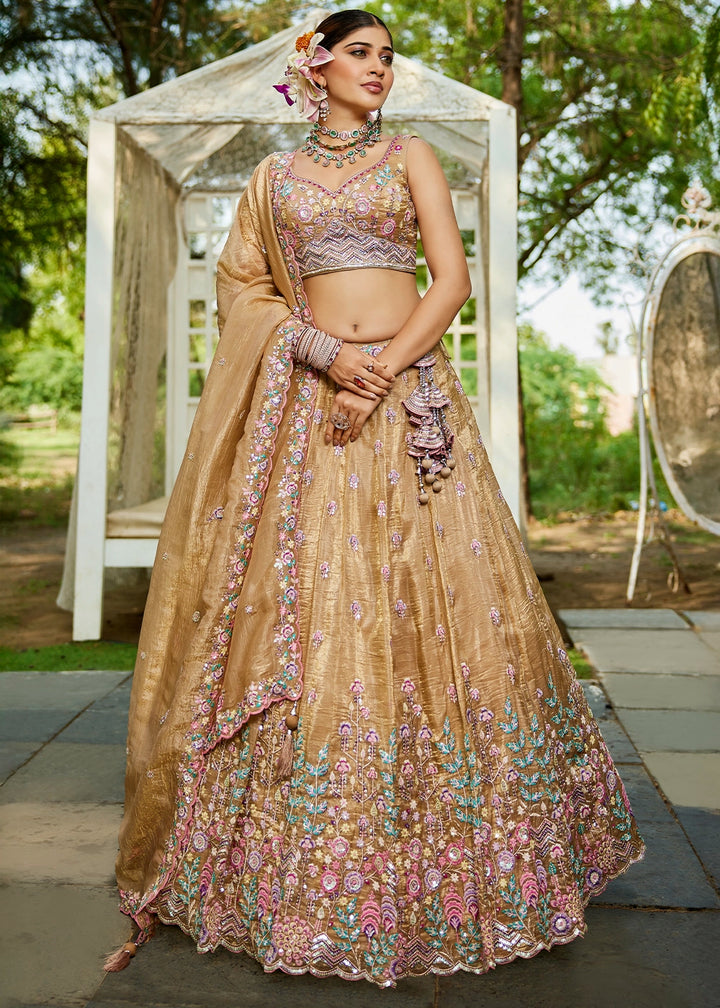 Light Brown Tissue Lehenga Choli with Elegant Floral Embroidery