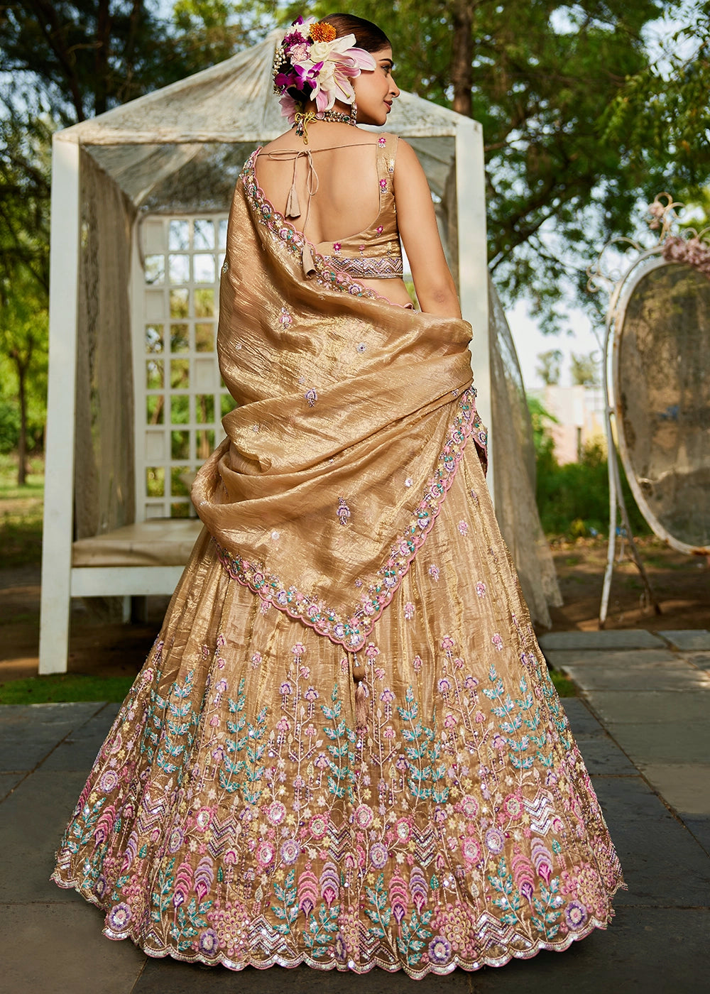 Light Brown Tissue Lehenga Choli with Elegant Floral Embroidery
