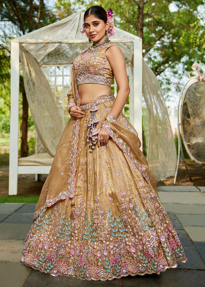 Light Brown Tissue Lehenga Choli with Elegant Floral Embroidery