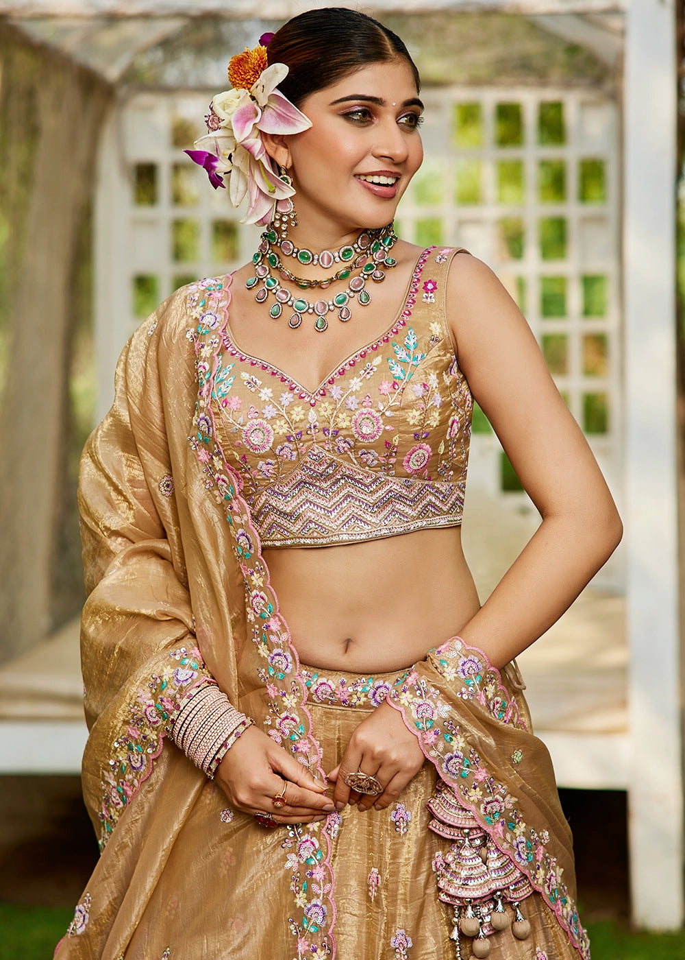 Light Brown Tissue Lehenga Choli with Elegant Floral Embroidery