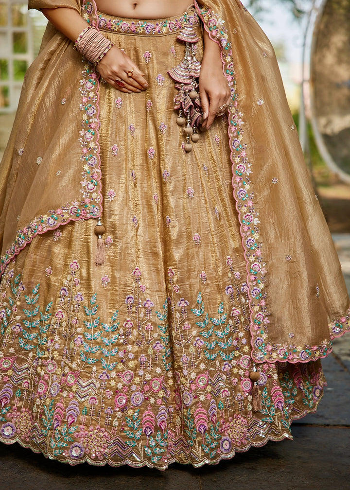 Light Brown Tissue Lehenga Choli with Elegant Floral Embroidery