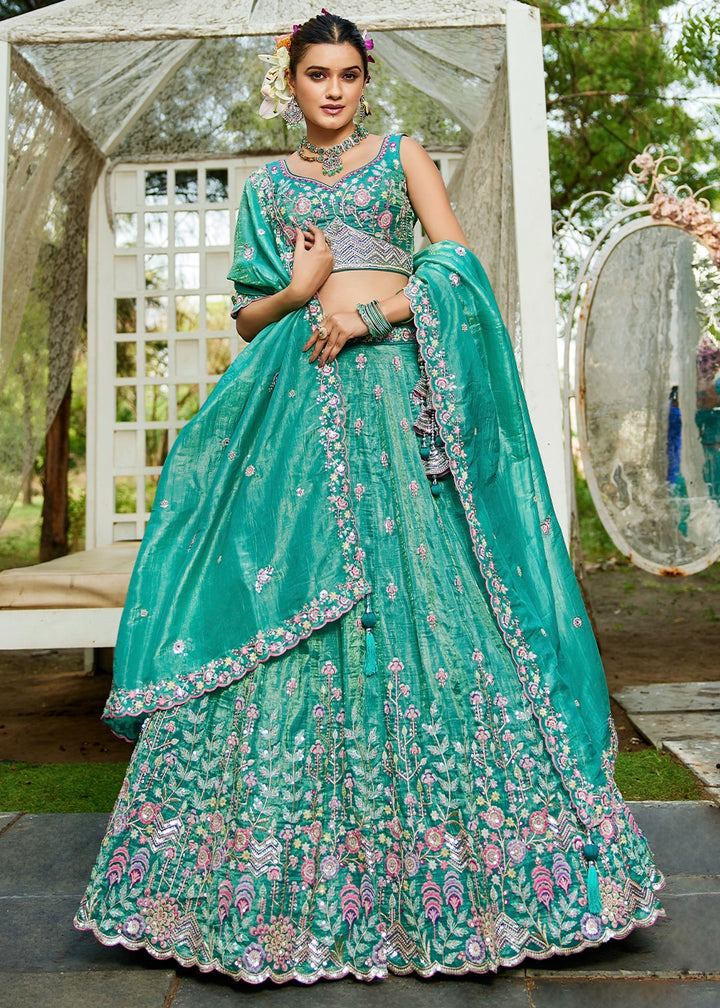 Shades Of Green Tissue Lehenga Choli with Elegant Floral Embroidery