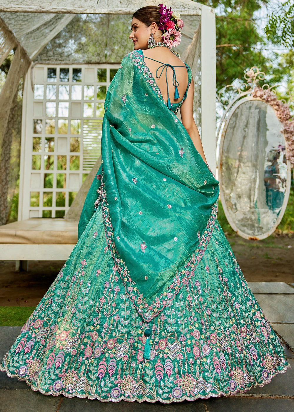 Shades Of Green Tissue Lehenga Choli with Elegant Floral Embroidery