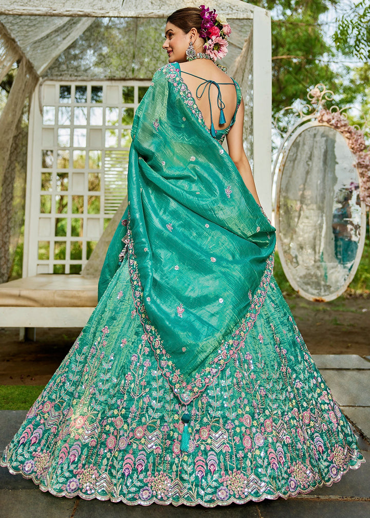 Shades Of Green Tissue Lehenga Choli with Elegant Floral Embroidery