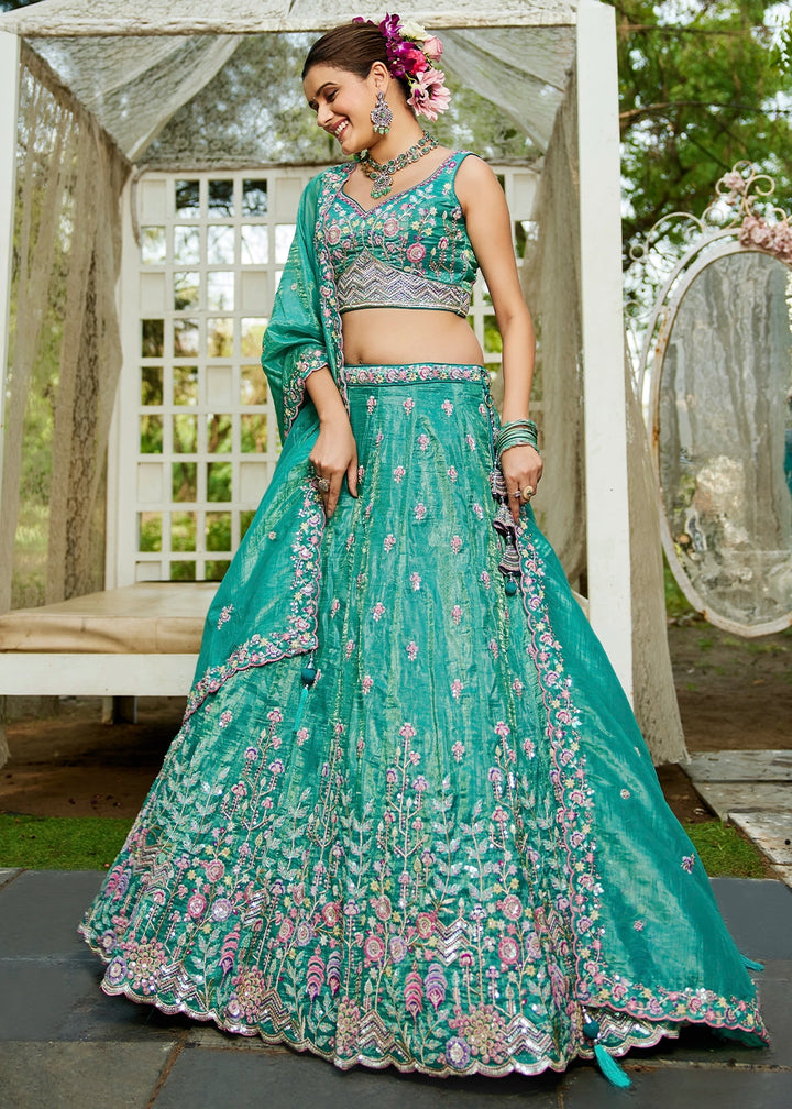Shades Of Green Tissue Lehenga Choli with Elegant Floral Embroidery