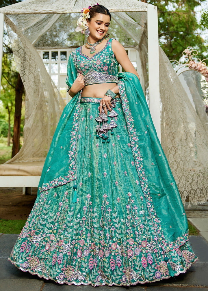Shades Of Green Tissue Lehenga Choli with Elegant Floral Embroidery