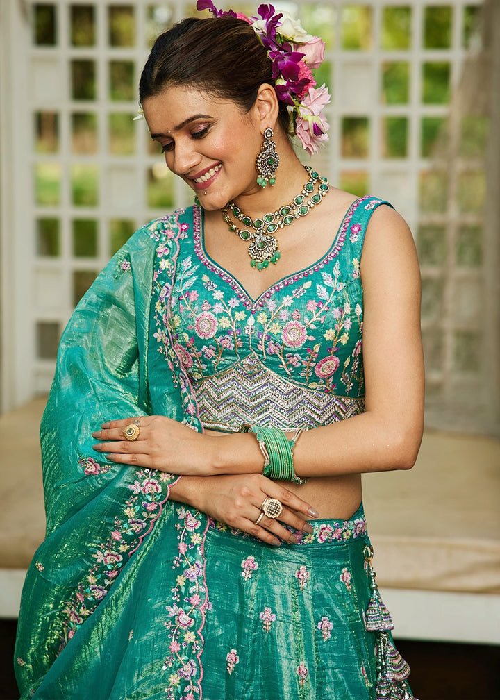 Shades Of Green Tissue Lehenga Choli with Elegant Floral Embroidery