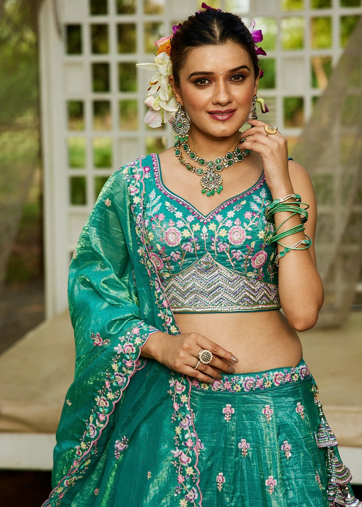 Shades Of Green Tissue Lehenga Choli with Elegant Floral Embroidery