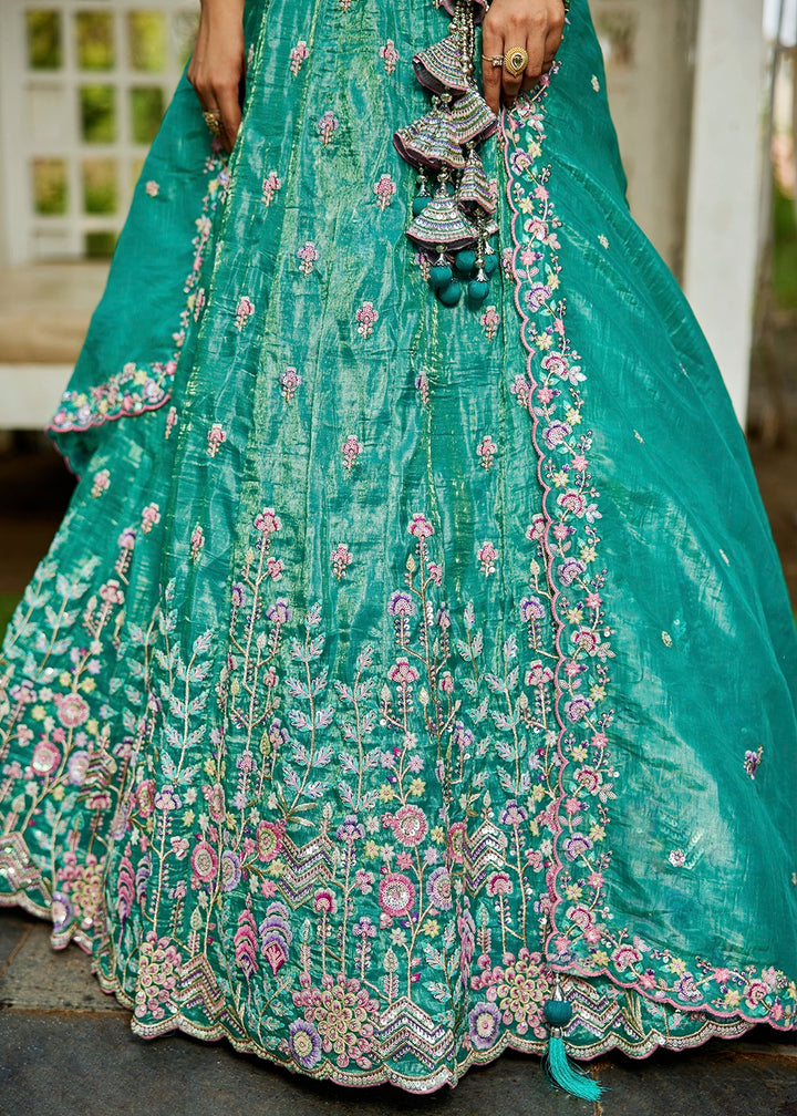 Shades Of Green Tissue Lehenga Choli with Elegant Floral Embroidery
