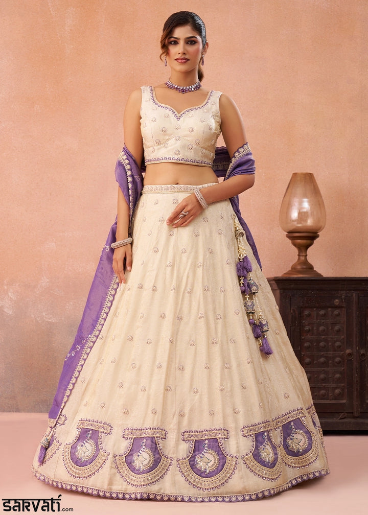 Cream White Jacquard Silk Lehenga Choli with Beads & Embroidery work