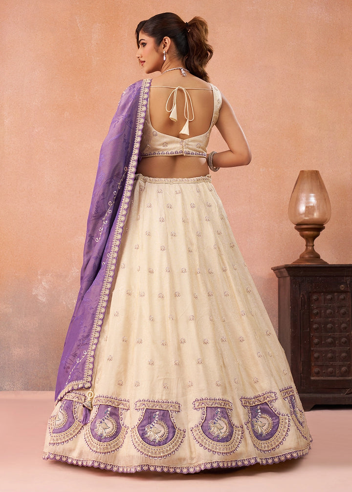 Cream White Jacquard Silk Lehenga Choli with Beads & Embroidery work