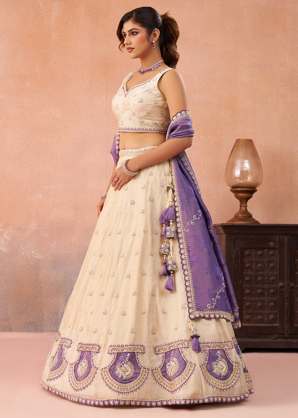 Cream White Jacquard Silk Lehenga Choli with Beads & Embroidery work