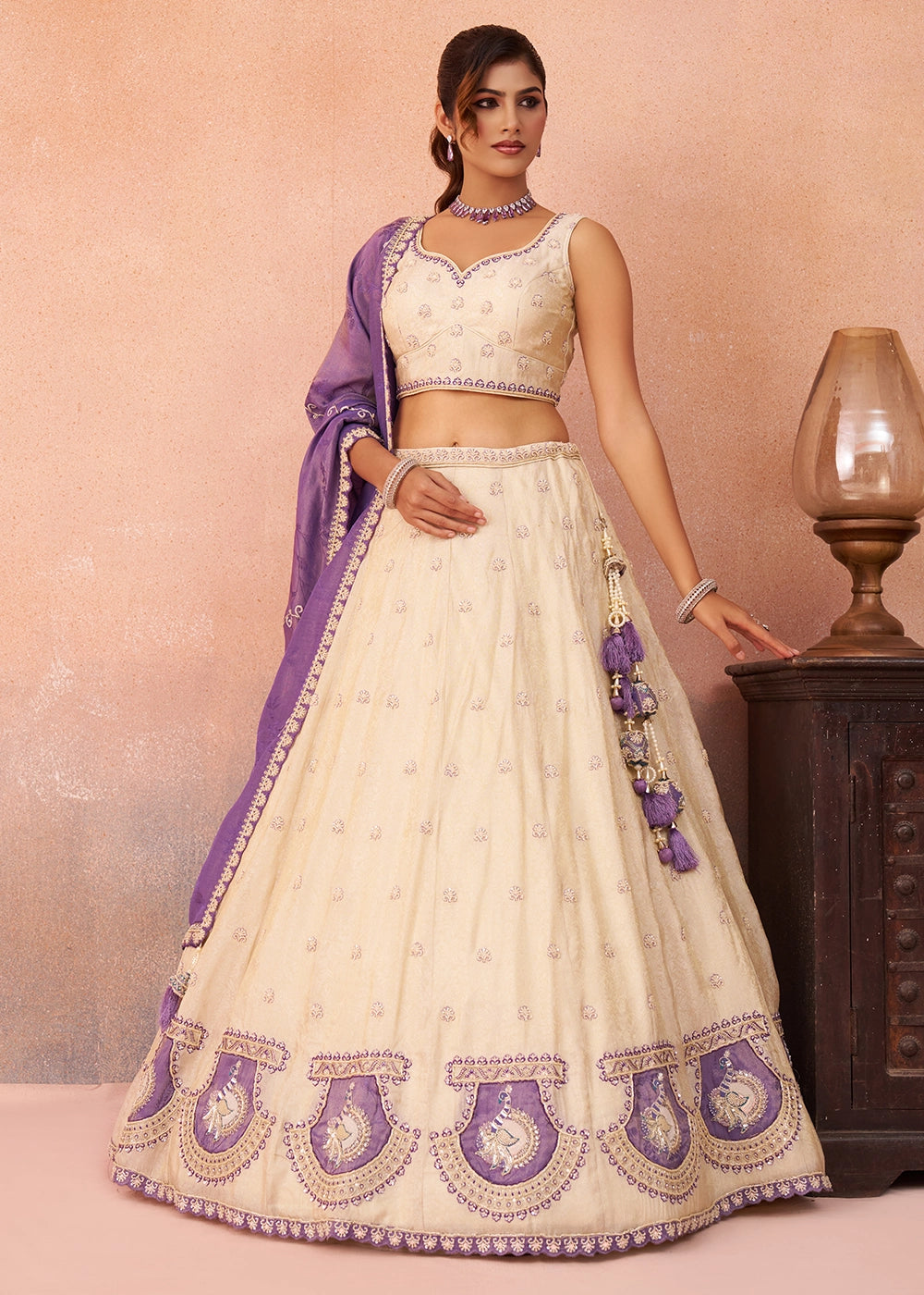 Cream White Jacquard Silk Lehenga Choli with Beads & Embroidery work