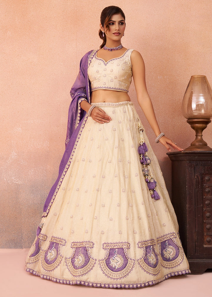 Cream White Jacquard Silk Lehenga Choli with Beads & Embroidery work